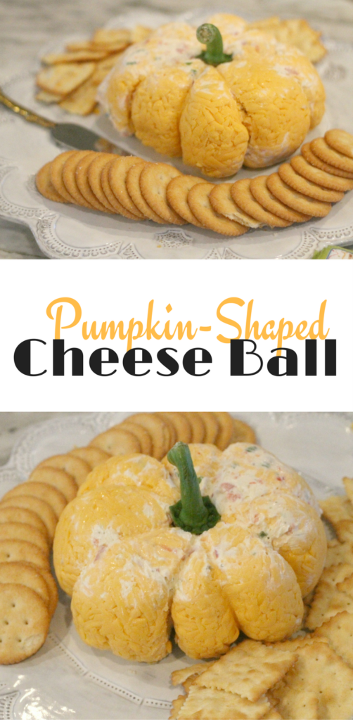 Pumpkin-Shaped Cheese Ball for Fall. The perfect appetizer for a Halloween or Thanksgiving party. 